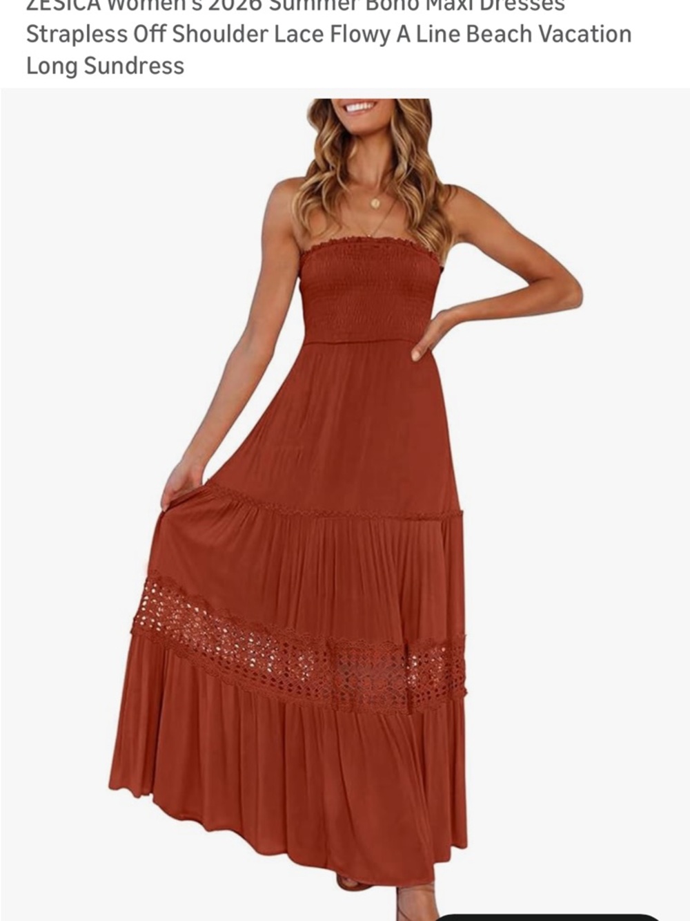 ZESICA Strapless Smocked Crochet-Trim Maxi Dress - Rust - NWT